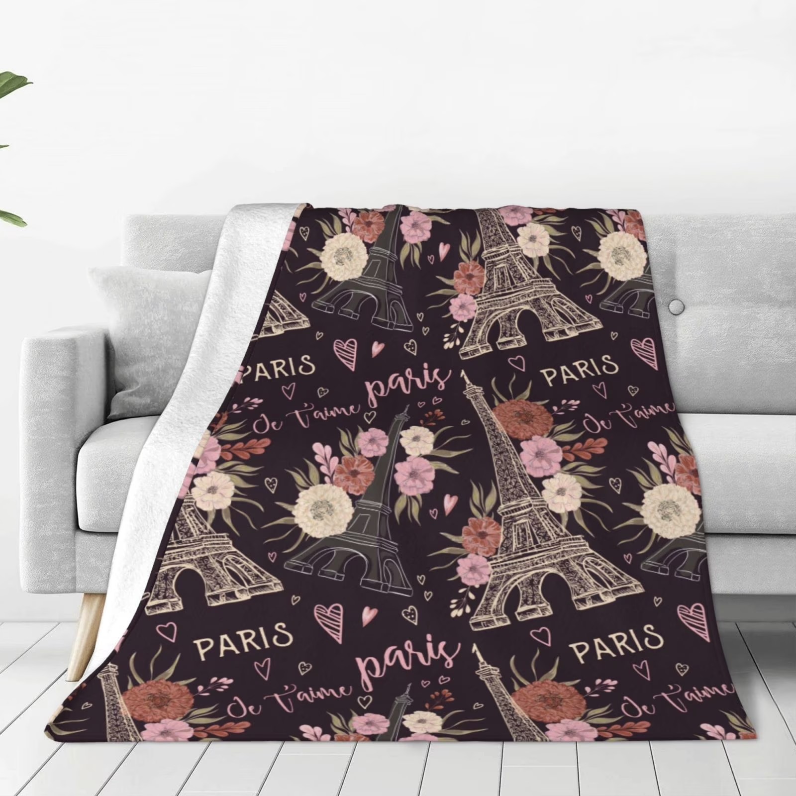Home Textiles Paris - ロマンチックなパリ エッフェル塔 花柄フリーススローブランケット ふわふわ 大人用