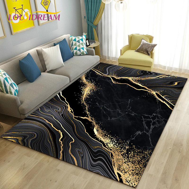 Home Textiles Rug - 子供部屋,リビングルーム,寝室,ソファ,室内装飾用の大きな滑り止めプレーンな黒と金の大理石のエリアラグ