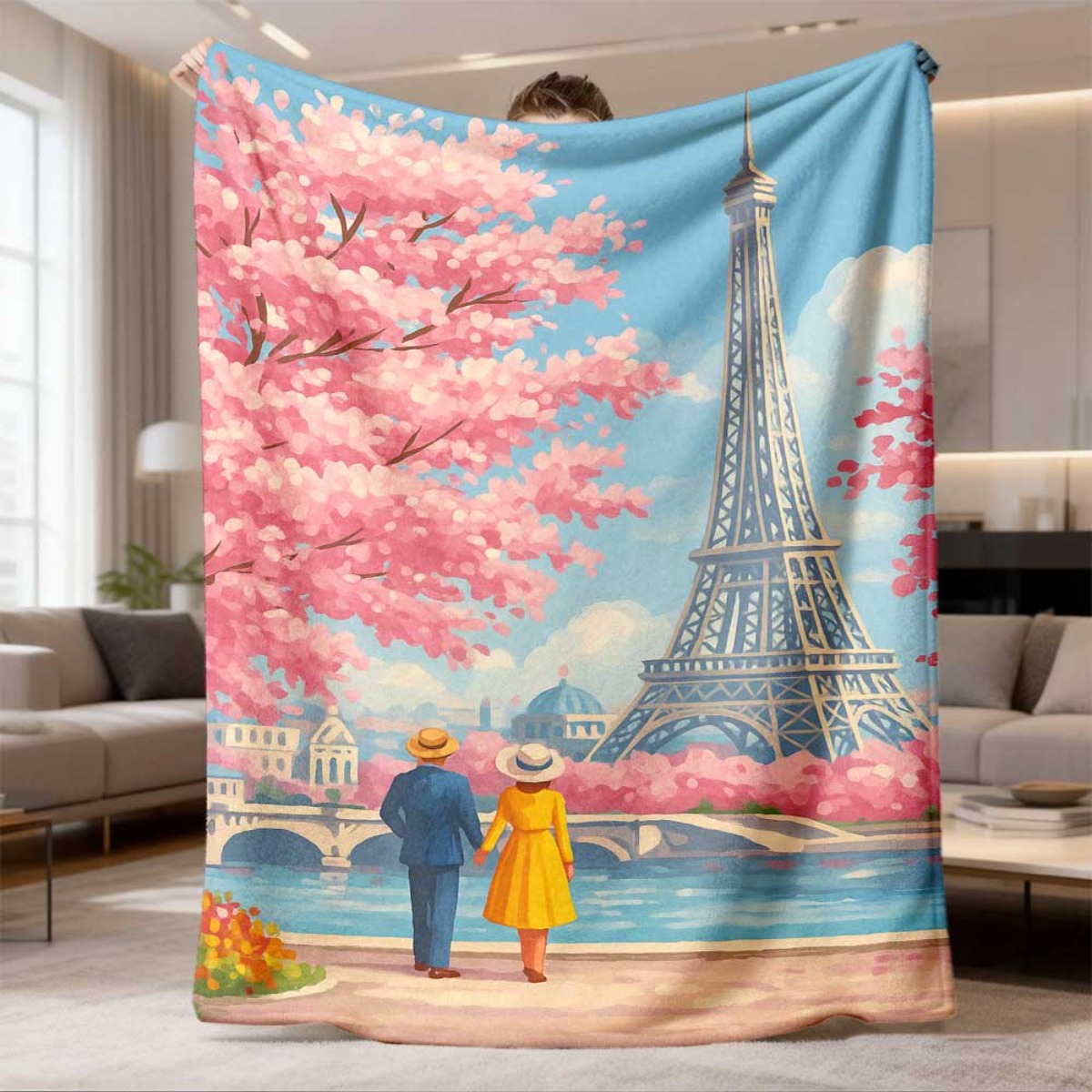 Home Textiles Paris - エッフェル塔と桜のカップル柄フランネルブランケット、柔らかく快適なスローケット、ヴィンテージパリのロマンチックな風景プリントブランケット