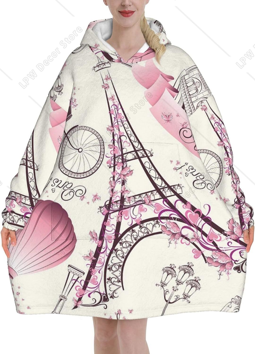 Home Textiles Paris - パリタワーフラワープリントブランケットパーカー 女性&男性用 大人ティーン向け ポケット付きウェアラブルフード付きスウェットシャツ