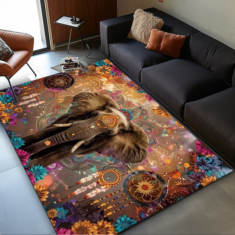 Home Textiles Rug - 象のマンダラ絨毯：ボヘミアンスタイルの家のためのエスニックな花柄 | 鮮やかなインド風の装飾 | エキゾチックな動物をテーマにしたカーペット