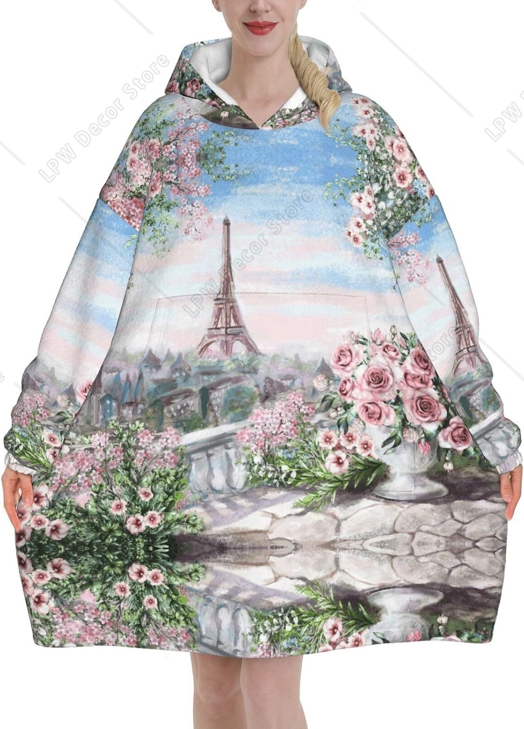 Home Textiles Paris - タワーパリプリントブランケットパーカー 女性&男性用 大人ティーン向け ポケット付きウェアラブルフード付きスウェットシャツ