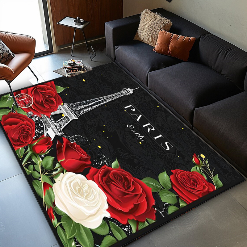 Home Textiles Paris - ロマンチックなパリのエッフェル塔のバラの敷物 - フランス風のインテリア、赤と白の花が咲くエレガントな黒の背景