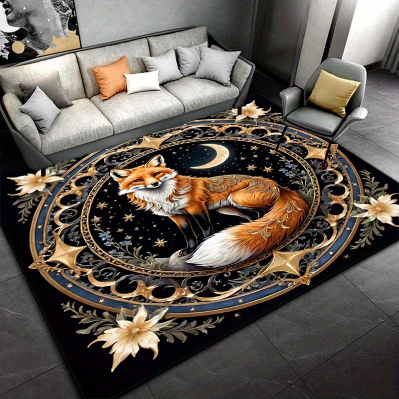 Home Textiles Rug - ボヘミアンインテリア用のフォックスアンドムーンラウンドラグ - 天体テーマ、エキゾチックな動物柄の滑り止めカーペットは洗濯機で洗えます