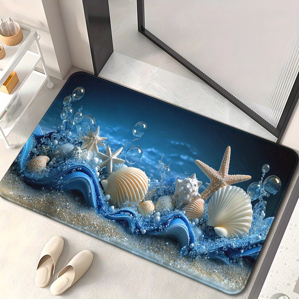 3Dブルーウェーブ貝殻ヒトデ泡フロアマットフランネルラグ3D - Home Textiles Rug のレビューと価格