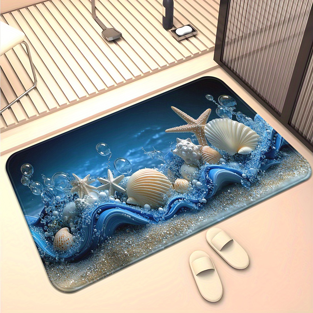 3Dブルーウェーブ貝殻ヒトデ泡フロアマットフランネルラグ3D - Home Textiles Rug のレビューと価格