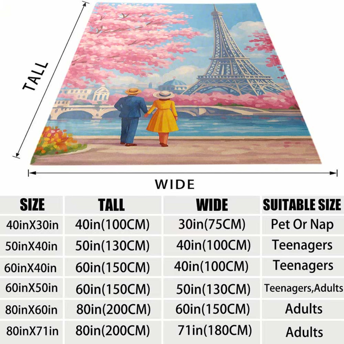 エッフェル塔と桜のカップル柄フランネルブランケット、柔らかく - Home Textiles Paris のレビューと価格