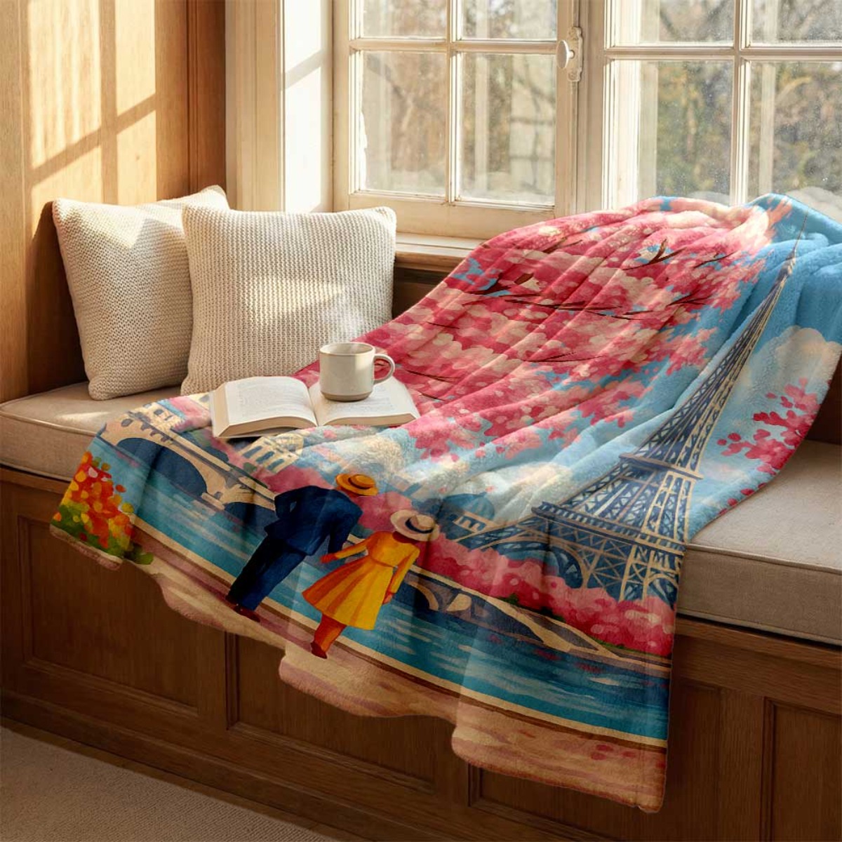 エッフェル塔と桜のカップル柄フランネルブランケット、柔らかく - Home Textiles Paris のレビューと価格