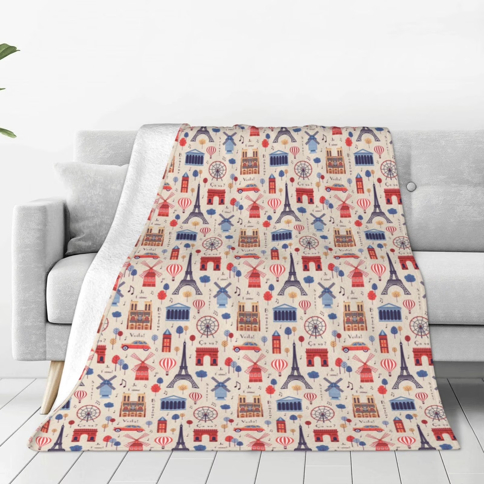 パリのランドマークプリント シェルパフリーススローブランケッ - Home Textiles Paris のレビューと価格