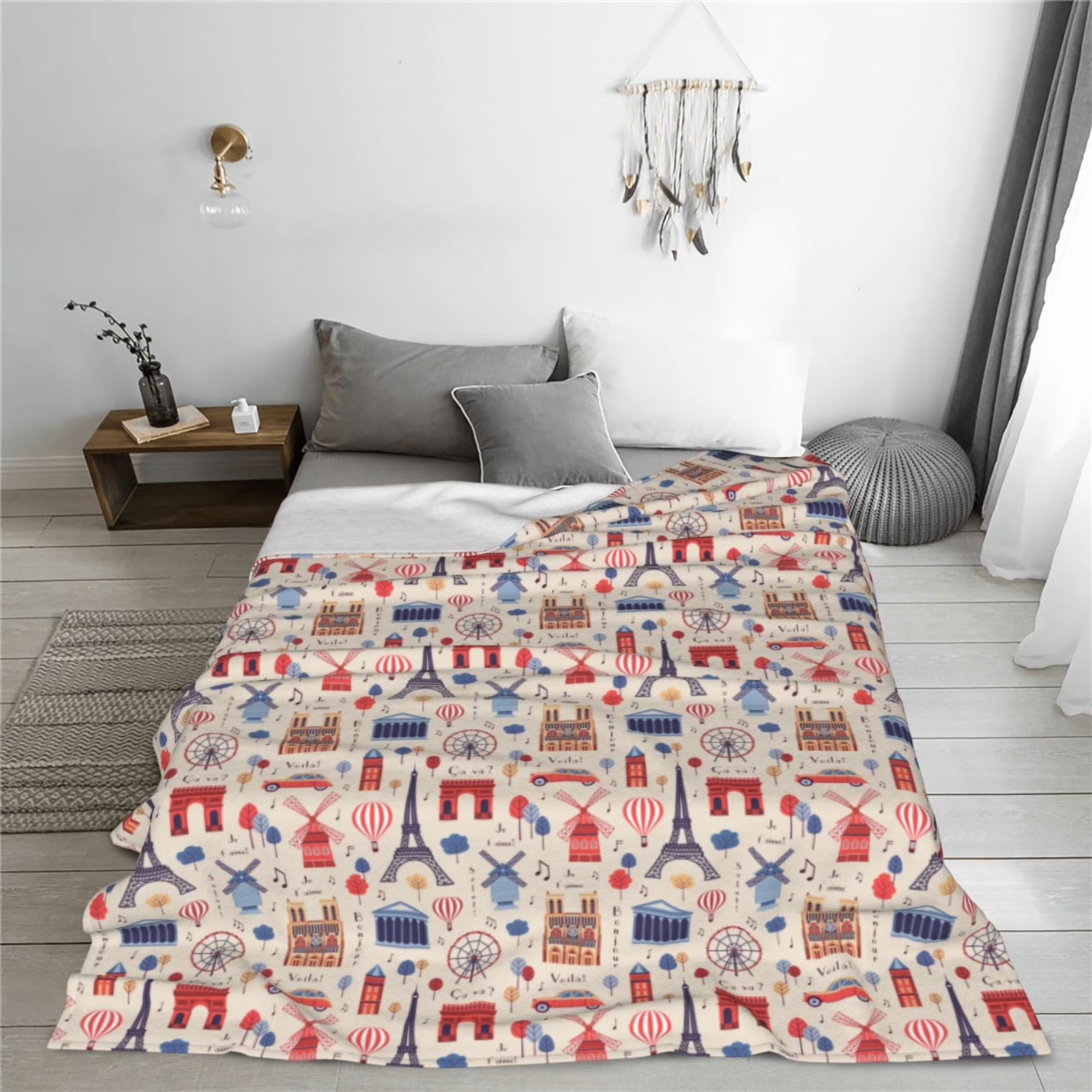 パリのランドマークプリント シェルパフリーススローブランケッ - Home Textiles Paris のレビューと価格