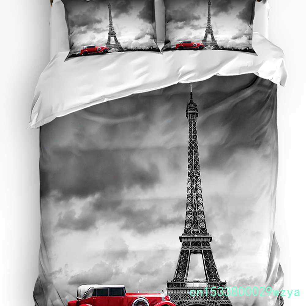 パリのエッフェル塔と赤い車柄の掛け布団カバーと枕カバー、カス - Home Textiles Paris のレビューと価格